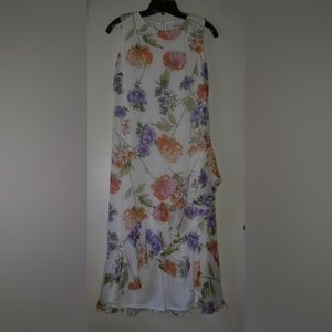 NWT Calvin Klein Asymmetrical White Floral Chiffon High Low Midi Dress